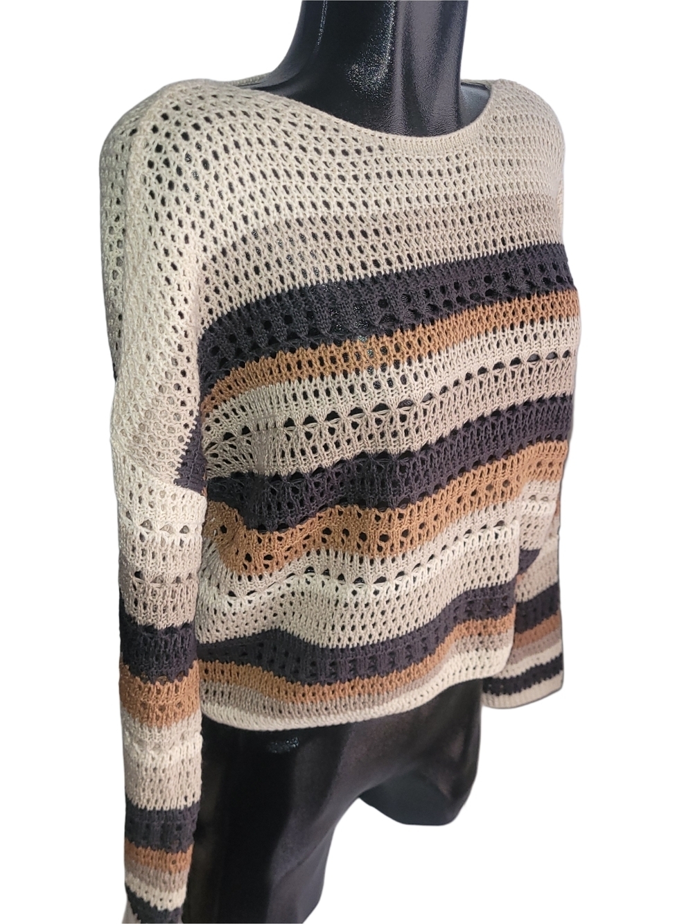 Eclipse Neutral Earth Tone Striped Crochet Open-Knit Sweater XS